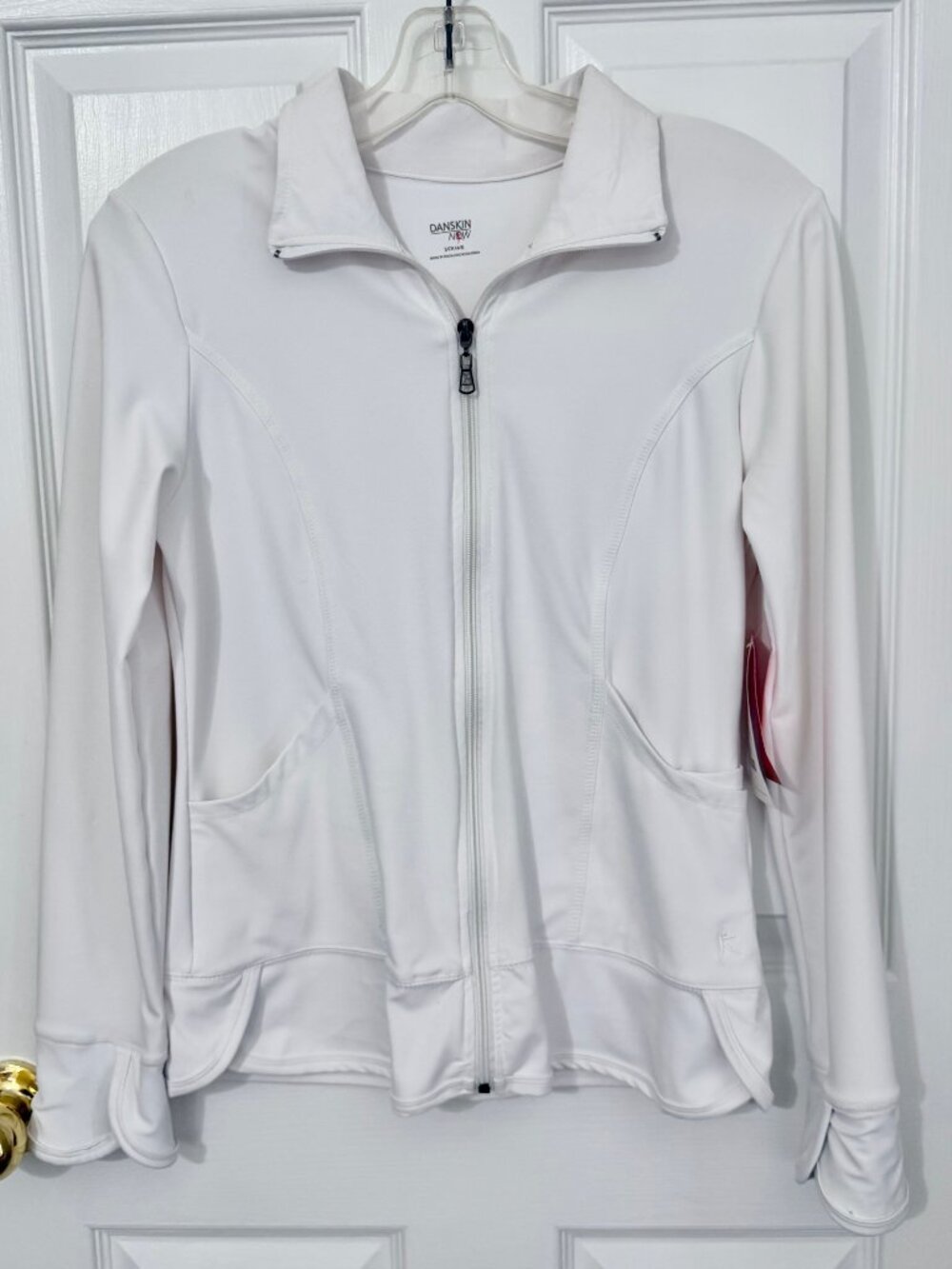 BRAND NEW DANSKIN NOW WHITE ZIP ZIPPER TULIP JACKET - POCKETS, FLORAL SLEEVES -S